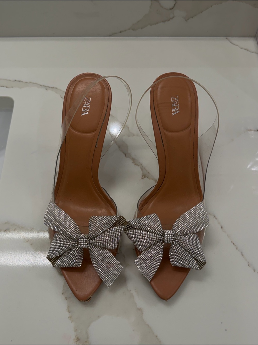 Zara Brown Slingback Heels with Crystal Bow Detail